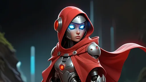 Prompt: (futuristic sci-fi cartoon robot), wearing a (red hoodie), equipped with (a sleek helmet) and (a flowing cape), featuring (dynamic armor), illustrated as (concept art) in a (dark color scheme), showcasing a blend of (intricate details) and (stylized elements), embedded in a (sots art) aesthetic, surrounded by a (mysterious digital landscape), ultra-detailed, high quality.