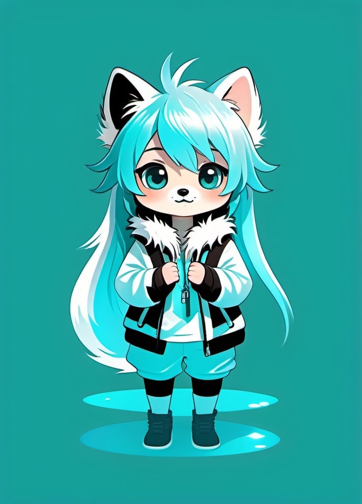 Prompt: Cute chibi furry with scene hair against a simple aqua background, halfbody, fur with detailed reflections, kawaii, furry, aqua theme, high quality, chibi, scene hair, cute, simple background, detailed fur, solo, professional, atmospheric lighting