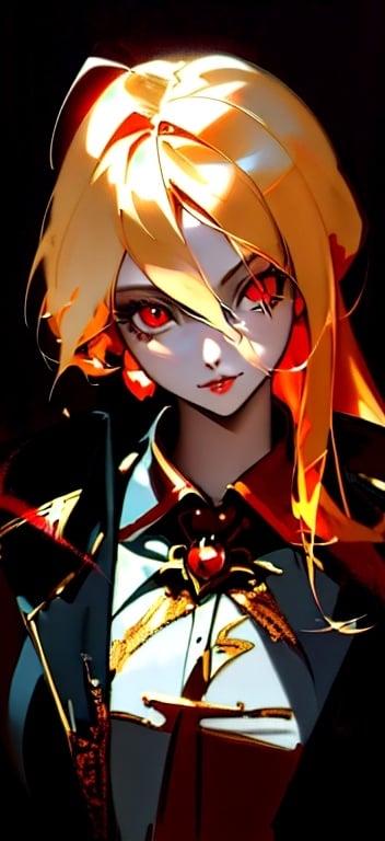 Prompt: Anime portrait of a vampire girl, beautiful intricate blonde hair, red anime eyes, shimmer in the air, digital painting, concept art, highres, concept art, detailed, anime, vampire, digital painting, red eyes, blonde hair, professional, ethereal lighting