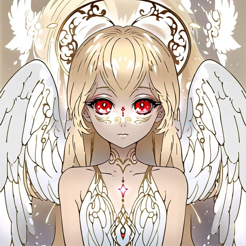 Prompt: Anime portrait of an angel, beautiful intricate blonde hair, red anime eyes, shimmer in the air, symmetrical, digital painting, concept art, looking into camera, highres, concept art, detailed, angelic, anime, digital painting, red eyes, blonde hair, symmetrical, captivating gaze, professional, ethereal lighting