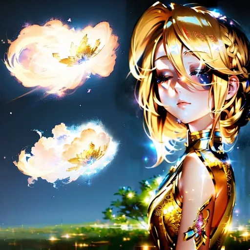 Prompt: Anime portrait of girl, beautiful intricate blonde hair, closed anime eyes, shimmer in the air, digital painting, concept art, facing camera, highres, concept art, detailed, anime, digital painting, closed eyes, blonde hair, professional, ethereal lighting