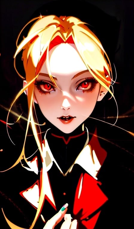 Prompt: Anime portrait of a vampire girl, beautiful intricate blonde hair, red anime eyes, shimmer in the air, digital painting, concept art, highres, concept art, detailed, anime, vampire, digital painting, red eyes, blonde hair, professional, ethereal lighting