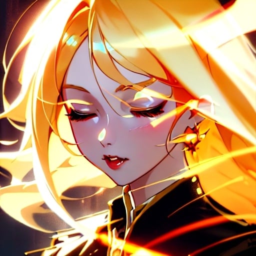 Prompt: Anime portrait of a vampire girl, beautiful intricate blonde hair, closed anime eyes, shimmer in the air, digital painting, concept art, highres, concept art, detailed, anime, vampire, digital painting, closed eyes, blonde hair, professional, ethereal lighting