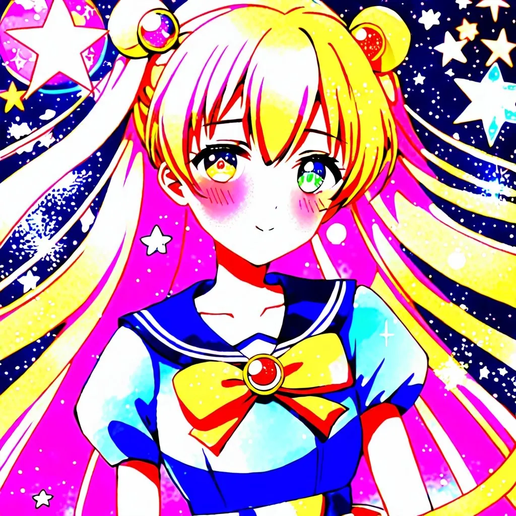 Prompt: Cute magical girl with anime eyes, shiny hair, in Sailor Moon style, kawaii, mahou shoujo, anime OC, detailed and colorful costume, sparkles and magical effects, whimsical and dreamy background, high quality, anime, magical girl, kawaii, Sailor Moon style, detailed hair, whimsical, dreamy, sparkles, colorful, magical effects, anime eyes, highres