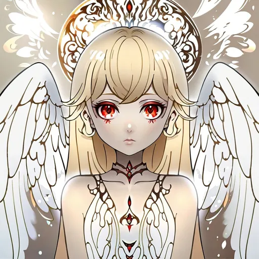 Prompt: Anime portrait of an angel, beautiful intricate blonde hair, red anime eyes, shimmer in the air, symmetrical, digital painting, concept art, looking into camera, highres, concept art, detailed, angelic, anime, digital painting, red eyes, blonde hair, symmetrical, captivating gaze, professional, ethereal lighting