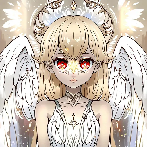 Prompt: Anime portrait of an angel, beautiful intricate blonde hair, red anime eyes, shimmer in the air, symmetrical, digital painting, concept art, looking into camera, highres, concept art, detailed, angelic, anime, digital painting, red eyes, blonde hair, symmetrical, captivating gaze, professional, ethereal lighting