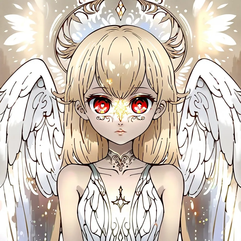 Prompt: Anime portrait of an angel, beautiful intricate blonde hair, red anime eyes, shimmer in the air, symmetrical, digital painting, concept art, looking into camera, highres, concept art, detailed, angelic, anime, digital painting, red eyes, blonde hair, symmetrical, captivating gaze, professional, ethereal lighting