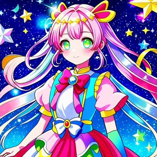 Prompt: Cute magical girl with anime eyes, shiny hair, kawaii, mahou shoujo, anime adoptable, detailed, highres, vibrant colors, anime style, magical girl outfit, sparkles, glowing elements, artistic anime rendering, enchanting, pastel tones, dreamy lighting