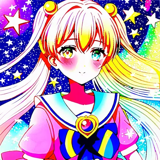 Prompt: Cute magical girl with anime eyes, shiny hair, in Sailor Moon style, kawaii, mahou shoujo, anime OC, detailed and colorful costume, sparkles and magical effects, whimsical and dreamy background, high quality, anime, magical girl, kawaii, Sailor Moon style, detailed hair, whimsical, dreamy, sparkles, colorful, magical effects, anime eyes, highres