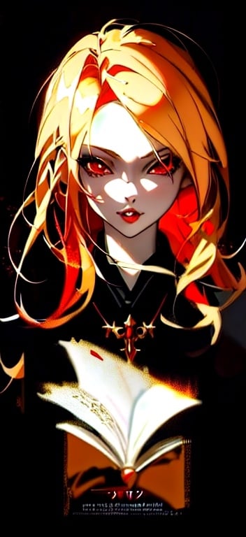 Prompt: Anime portrait of a vampire girl, beautiful intricate blonde hair, red anime eyes, shimmer in the air, digital painting, concept art, highres, concept art, detailed, anime, vampire, digital painting, red eyes, blonde hair, professional, ethereal lighting