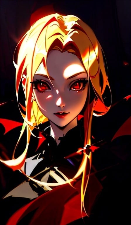 Prompt: Anime portrait of a vampire girl, beautiful intricate blonde hair, red anime eyes, shimmer in the air, digital painting, concept art, highres, concept art, detailed, anime, vampire, digital painting, red eyes, blonde hair, professional, ethereal lighting