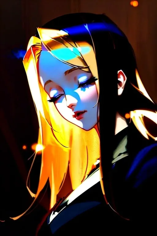 Prompt: Anime portrait of a vampire girl, beautiful intricate blonde hair, closed anime eyes, shimmer in the air, digital painting, concept art, highres, concept art, detailed, anime, vampire, digital painting, closed eyes, blonde hair, professional, ethereal lighting