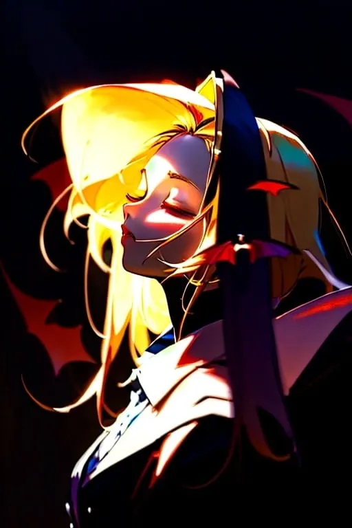 Prompt: Anime portrait of a vampire girl, beautiful intricate blonde hair, closed anime eyes, shimmer in the air, digital painting, concept art, highres, concept art, detailed, anime, vampire, digital painting, closed eyes, blonde hair, professional, ethereal lighting