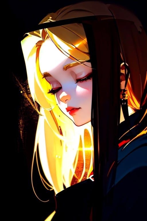 Prompt: Anime portrait of a vampire girl, beautiful intricate blonde hair, closed anime eyes, shimmer in the air, digital painting, concept art, highres, concept art, detailed, anime, vampire, digital painting, closed eyes, blonde hair, professional, ethereal lighting