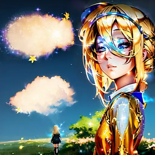 Prompt: Anime portrait of girl, beautiful intricate blonde hair, closed anime eyes, shimmer in the air, digital painting, concept art, facing camera, highres, concept art, detailed, anime, digital painting, closed eyes, blonde hair, professional, ethereal lighting