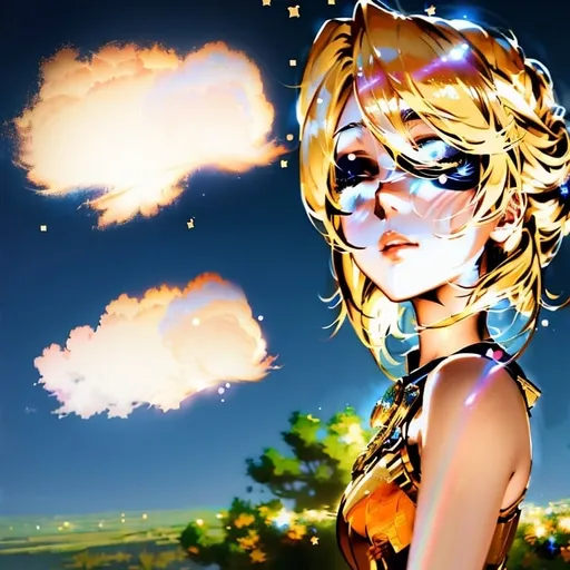 Prompt: Anime portrait of girl, beautiful intricate blonde hair, closed anime eyes, shimmer in the air, digital painting, concept art, facing camera, highres, concept art, detailed, anime, digital painting, closed eyes, blonde hair, professional, ethereal lighting