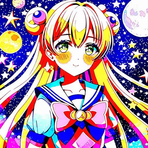 Prompt: Cute magical girl with anime eyes, shiny hair, in Sailor Moon style, kawaii, mahou shoujo, anime OC, detailed and colorful costume, sparkles and magical effects, whimsical and dreamy background, high quality, anime, magical girl, kawaii, Sailor Moon style, detailed hair, whimsical, dreamy, sparkles, colorful, magical effects, anime eyes, highres