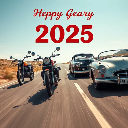 Prompt: une carte de vœux 2025 avec une moto ancienne, une moto d'enduro, une voiture de sport des années 2020, une voiture ancienne des années 1960, qui roulent à toute allure dans le même sens sur une route, avec une effet de perspective, journée ensoleillé, style photoréaliste