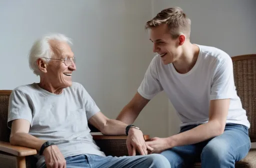 Prompt: um jovem rapaz loiro de 20 anos, vestindo jeans e camiseta, conversa com o idoso carls gustav jung em uma sala iluminada. os dois estão sentados lado a lado, sorrindo, em poltronas confortáveis.