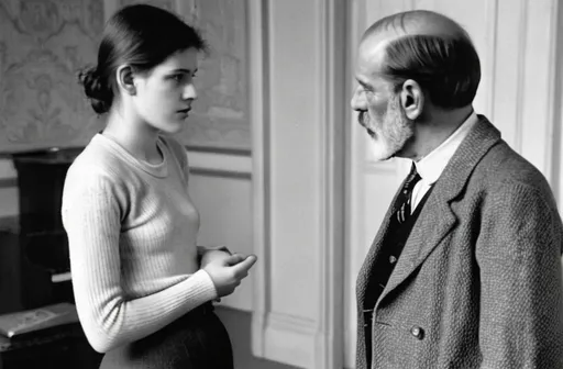 Prompt: uma jovem mulher de 25 anos, vestida informalmente, conversa com sigmund freud em uma sala