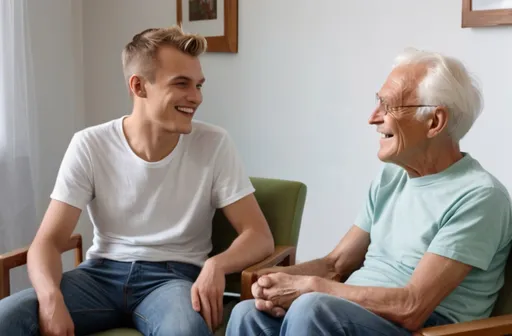 Prompt: um jovem rapaz loiro de 20 anos, vestindo jeans e camiseta, conversa com o idoso carls gustav jung em uma sala iluminada. os dois estão sentados lado a lado, sorrindo, em poltronas confortáveis.