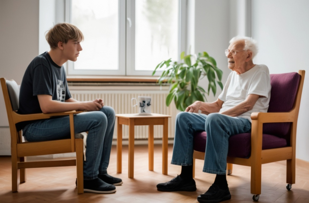 Prompt: um jovem rapaz de 20 anos, vestindo jeans e camiseta, conversa com o idoso carls gustav jung em uma sala iluminada. os dois estão sentados em poltronas confortáveis