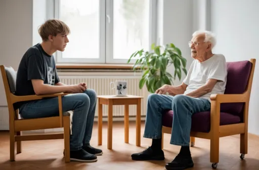 Prompt: um jovem rapaz de 20 anos, vestindo jeans e camiseta, conversa com o idoso carls gustav jung em uma sala iluminada. os dois estão sentados em poltronas confortáveis