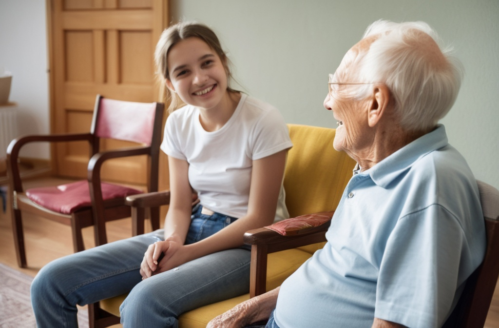 Prompt: uma jovem de 20 anos, vestindo jeans e camiseta, conversa com o idoso homem carls gustav jung em uma sala iluminada. os dois estão sentados lado a lado, sorrindo, em poltronas confortáveis.