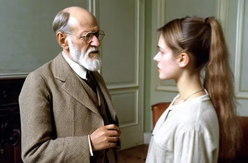 Prompt: uma jovem mulher de 25 anos, vestida informalmente, conversa com sigmund freud em uma sala