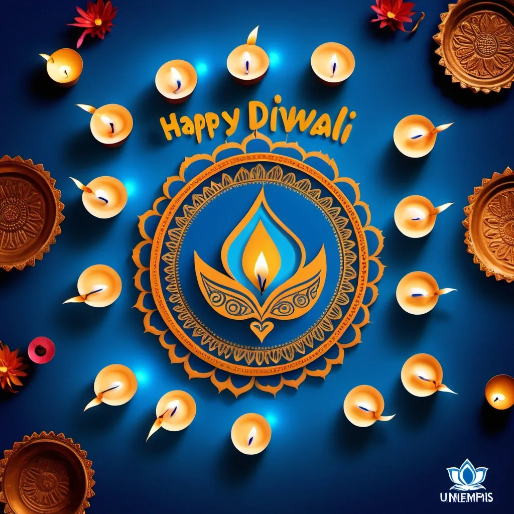 Prompt: create an image showing Happy Diwali by the university of memphis, use the university of memphis logo, make the picture in university blue color and add some diyas to the image