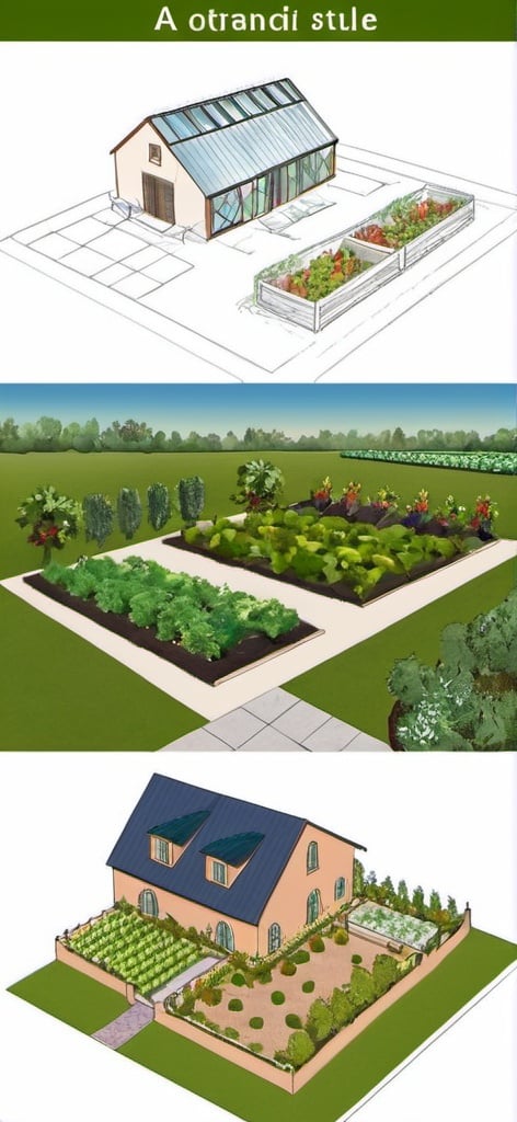 Prompt: Design a landscape for a 2 acre land for the attached picture with gardening, green house, and fruit orchard with Mediterranean style, and seating for a family of 4 