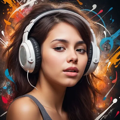 Prompt: Generate a striking young woman surrounded by
musical elements while having an emotional response to the music she is listening