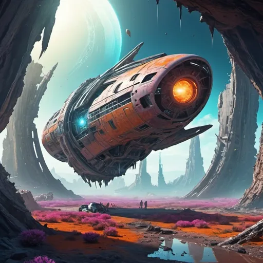 Prompt: Modern starship crasher in futuristic planet, digital art, wreckage of advanced spacecraft, alien flora and fauna, vibrant and surreal, high quality, sci-fi, futuristic, vibrant colors, detailed futuristic landscape, high-tech ruins, intense lighting, otherworldly atmosphere