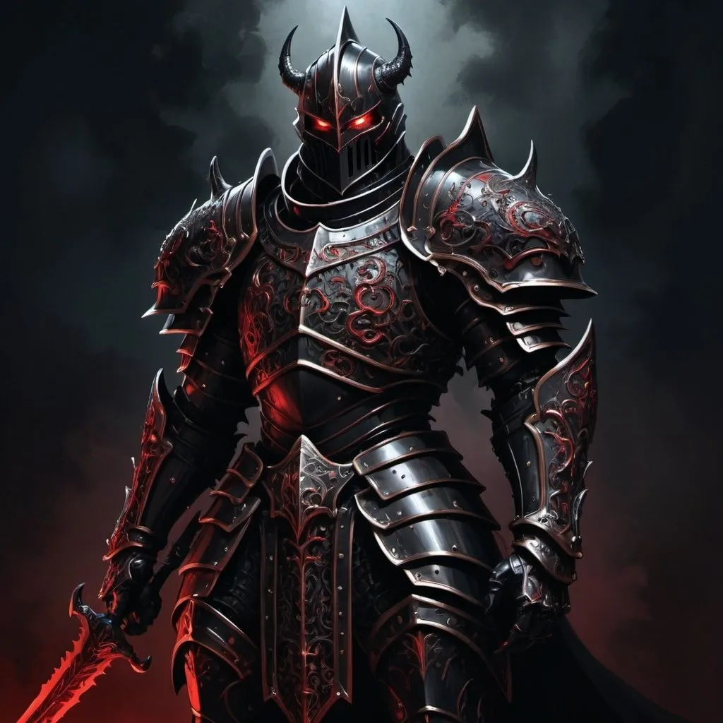 Prompt: Highly detailed digital painting of a fearsome black humanoid knight monser, armored body with intricate details, intense red W-shaped eyes, dark and menacing atmosphere, shadowy silhouette, high-quality, digital painting, dark tones, ominous lighting, detailed armor, professional, souls like