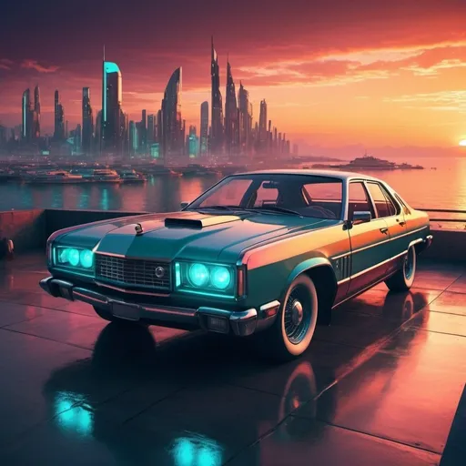 Prompt: Vintage car with futuristic modifications, sunset over the sea, high-tech cyberpunk city in the background, high quality, detailed, retro-futuristic, cyberpunk, vibrant sunset colors, vintage car with modern enhancements, sea view, city skyline, atmospheric lighting