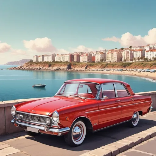 Prompt: Old 60s red car with chromium details, sunny day by the sea, city in the background, high quality, vintage, realistic, warm tones, detailed reflections, coastal cityscape, shining chrome, classic design, picturesque