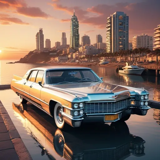 Prompt: Old 60s Cadillac car with chromium details and futuristic modifications, sunset over the sea, high-tech cyberpunk city in the background, high quality, vintage, realistic, warm tones, detailed reflections, coastal cityscape, shining chrome, classic design, picturesque, sunny, seaside, retro, futuristic cityscape, vintage car, detailed, high-res, detailed reflections