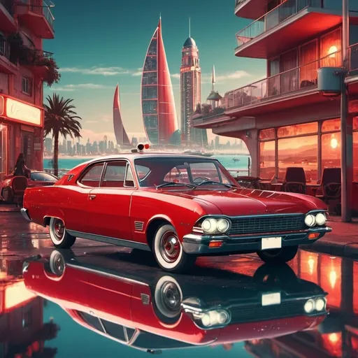 Prompt: Old 60s red car with chromium details and futuristic modifications, nightly day by the sea, high-tech cyberpunk city in the background, high quality, vintage, realistic, warm tones, detailed reflections, coastal cityscape, shining chrome, classic design, picturesque, sunny, seaside, retro, futuristic cityscape, vintage car, detailed, high-res, detailed reflections