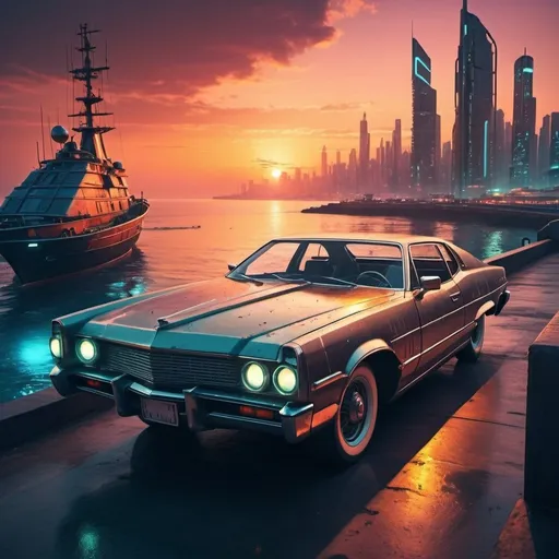 Prompt: Vintage car with futuristic modifications, sunset over the sea, high-tech cyberpunk city in the background, high quality, detailed, retro-futuristic, cyberpunk, vibrant sunset colors, vintage car with modern enhancements, sea view, city skyline, atmospheric lighting, old starship crashed in the sea