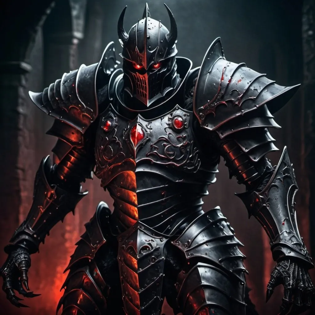 Prompt: Black knight monster with armored body, soul-like red eyes, eerie atmospheric lighting, detailed metallic textures, high quality, dark fantasy, intense gaze, monster design, ominous presence, gothic, sinister, detailed armor, professional, eerie red lighting