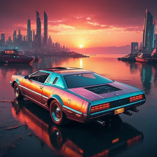 Prompt: Vintage car with futuristic modifications, sunset over the sea, high-tech cyberpunk city in the background, 4k, ultra-detailed, cyberpunk, vintage car, futuristic, sunset over the sea, modified, high-tech city, retro-futuristic, vibrant colors, detailed reflections, atmospheric lighting