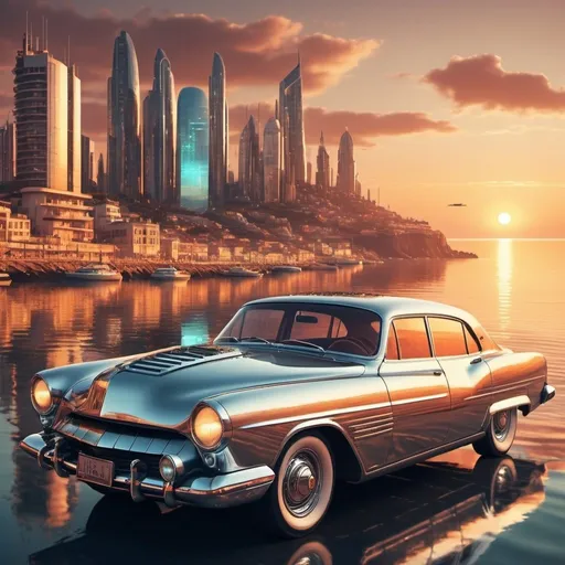 Prompt: Vintage car with futuristic modifications, sunset over the sea, high-tech cyberpunk city in the background, high quality, vintage, realistic, warm tones, detailed reflections, coastal cityscape, shining chrome, classic design, picturesque, sunny, seaside, retro, futuristic cityscape, vintage car, detailed, high-res, detailed reflections