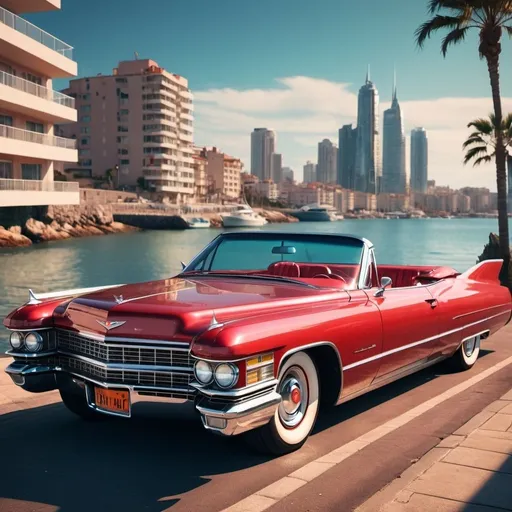 Prompt: Old 60s red Cadillac car with chromium details and futuristic modifications, nightly day by the sea, high-tech cyberpunk city in the background, high quality, vintage, realistic, warm tones, detailed reflections, coastal cityscape, shining chrome, classic design, picturesque, sunny, seaside, retro, futuristic cityscape, vintage car, detailed, high-res, detailed reflections