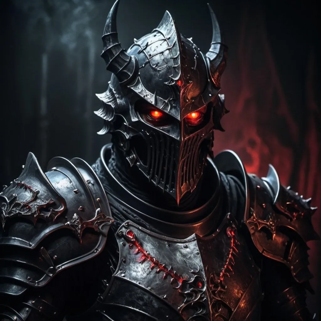 Prompt: Black knight monster with armored body, soul-like red eyes, eerie atmospheric lighting, detailed metallic textures, high quality, dark fantasy, intense gaze, monster design, ominous presence, gothic, sinister, detailed armor, professional, eerie red lighting