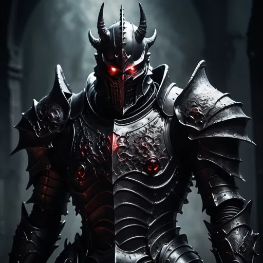 Prompt: Black knight monster with armored body, soul-like red eyes, eerie atmospheric lighting, detailed metallic textures, high quality, dark fantasy, intense gaze, monster design, ominous presence, gothic, sinister, detailed armor, professional, eerie red lighting