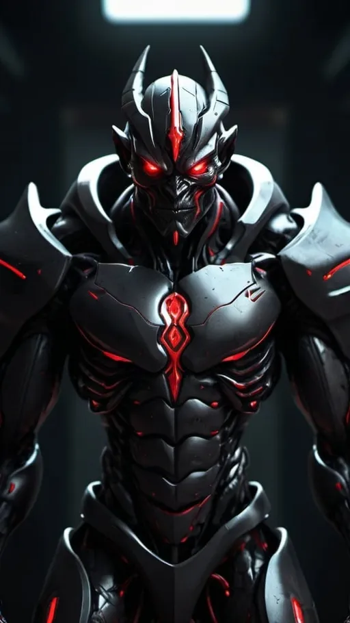 Prompt: Black humanoid monster with red W-type eyes, armored body, menacing presence, high quality, digital art, dark and intense, red and black tones, dramatic lighting, detailed textures, futuristic design