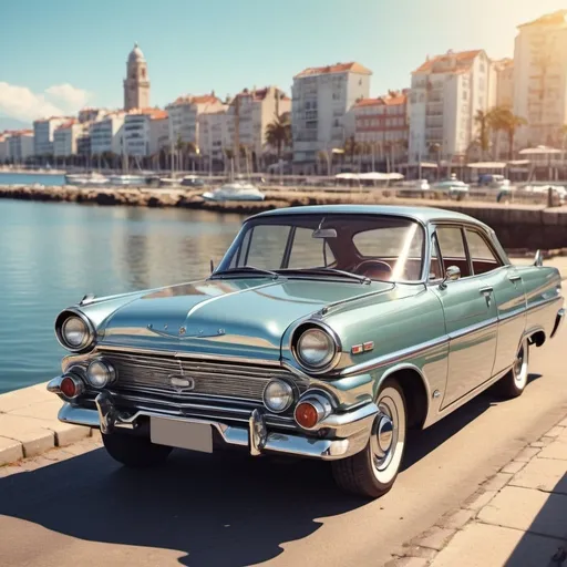 Prompt: Old 60s car with chromium details, sunny day by the sea, city in the background, high quality, vintage, realistic, warm tones, detailed reflections, coastal cityscape, shining chrome, classic design, picturesque