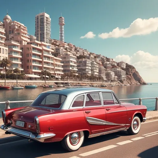 Prompt: Old 60s red car with chromium details and futuristic modifications, sunny day by the sea, high-tech city in the background, high quality, vintage, realistic, warm tones, detailed reflections, coastal cityscape, shining chrome, classic design, picturesque