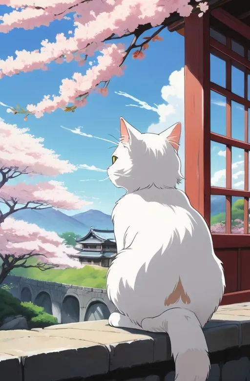 Prompt: 2d studio ghibli anime style, white furry cat looking out from an open, there is a vast and beatiful scene outside with  cherry blossom, anime scene