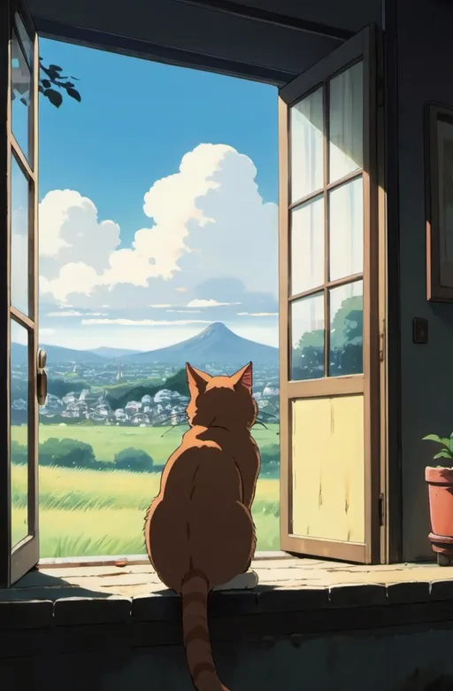 Prompt: 2d studio ghibli anime style, cat looking out from an open, there is a vast and beatiful scene outside, anime scene